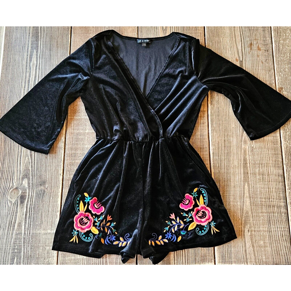 Vintage 90s Romper Black Velvet Embroidered Floral‎ Small Whimsigoth Dark Fairy